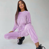 Jumpsuit mit hoher Taille, fürs Büro, lange Ärmel, Rundhalsausschnitt, Schleife, Samt, Zigarettenhose